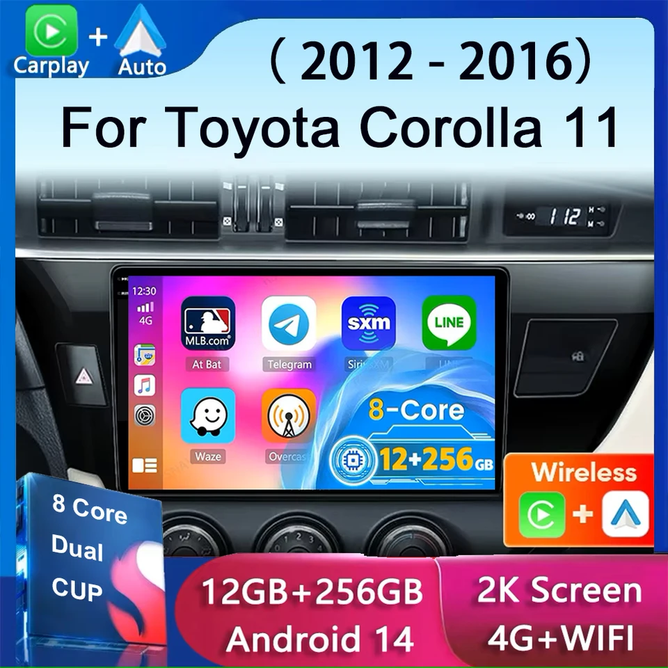 12G+256G Car pre toyota Corolla 11 2012-2016 E170 E180 CarPlay Android 14 Auto Car Stereo Multimedia Player 4G WiFi DSP