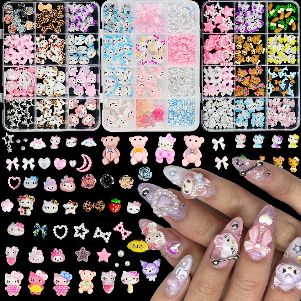 12grid mix luk perla kuromi sanrio nechtov dekorácie Love Moon Hello Kitty Strawberry Nail Charms Set DIY nechty diely darček pre dievča