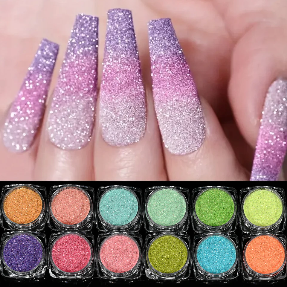 12Jars/Sada iskrivé ultra tenké cukrové nechtové trblietky Prášky Viac farieb Diamantové holografické neónové gélové poľské pigment manikúry dekorácie