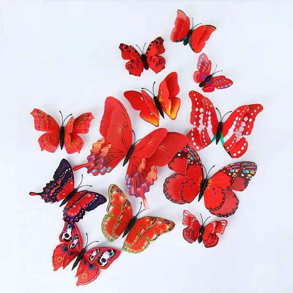 12ks 3D dvojvrstvové motýle nástenné nálepky obývacia izba dekorácie svadobné deti dekorácia DIY Art Magnet