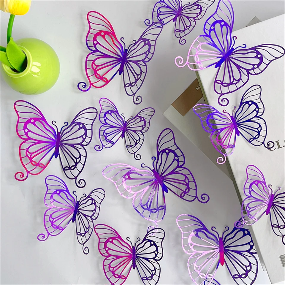 12ks 3D Motýľové nástenné nálepky Domáce dekorácie farebné fialové motýle pre svadbu detská izba dekorácie PVC Art Decals nálepky
