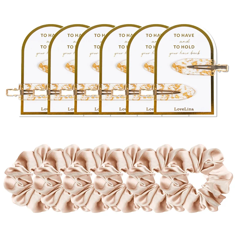12ks Bachelorette Party Gift Gold Glitter Hair Clips Hodváb saténové scrunchy Set Wed Wedding Party Družička darček svadobná sprcha darček