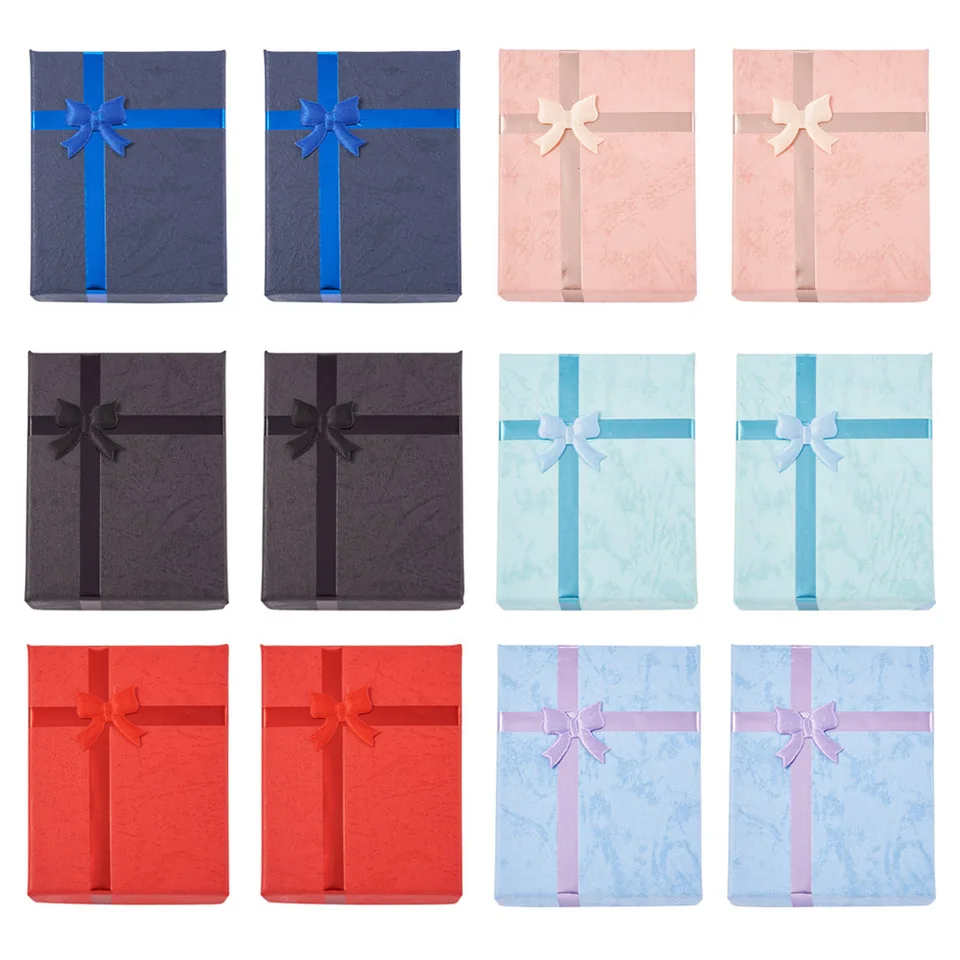12ks Bowknot Ribbon kartónová krabica šperky 9x7x2.6cm obdĺžnik papierové puzdro s bielym špongiou pre balenie náušníc na náhrdelník