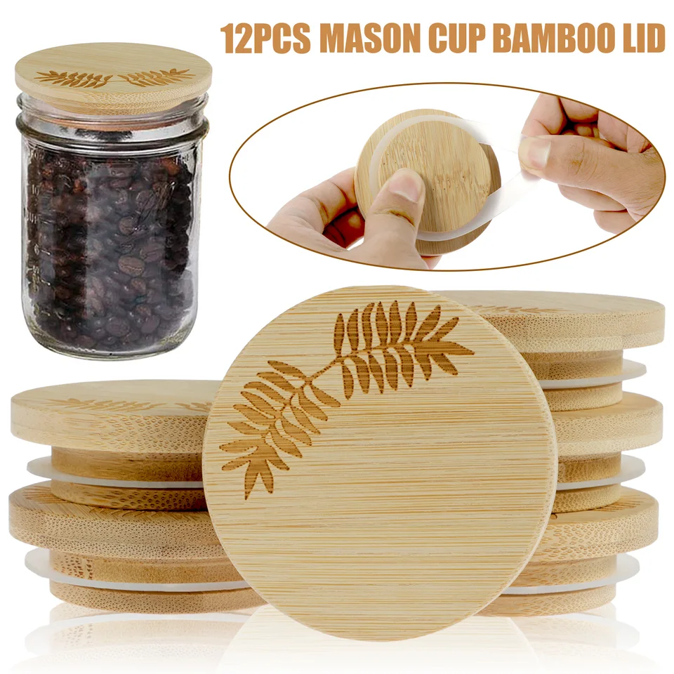 12ks Drevené veko Mason Jar Opätovne použiteľné veko bambus Mason Jar s silikónovým tesniacim krúžkom
