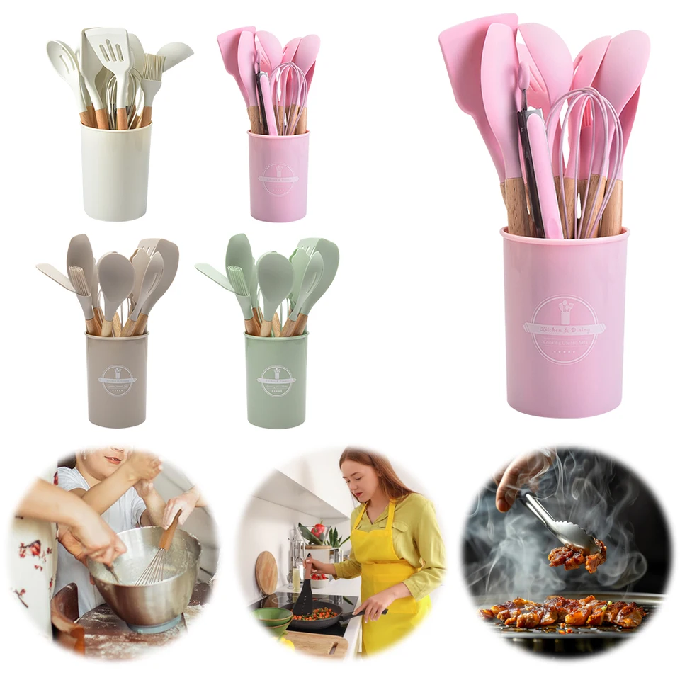 12ks kuchynské náradie Set Cooking Tools Súprava Drevená rukoväť nelepiteľná špachtľba Set Spatula Spoon Brush Whisk pre domácu kuchyňu