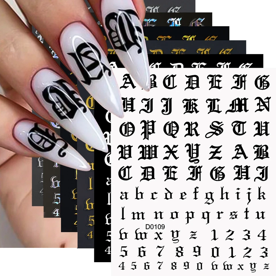 12ks Letter/číslo na nechty nálepky nálepky nálepky Gothic Old English Roman Letter abeceda Self Adhesive Holographic necht Deco