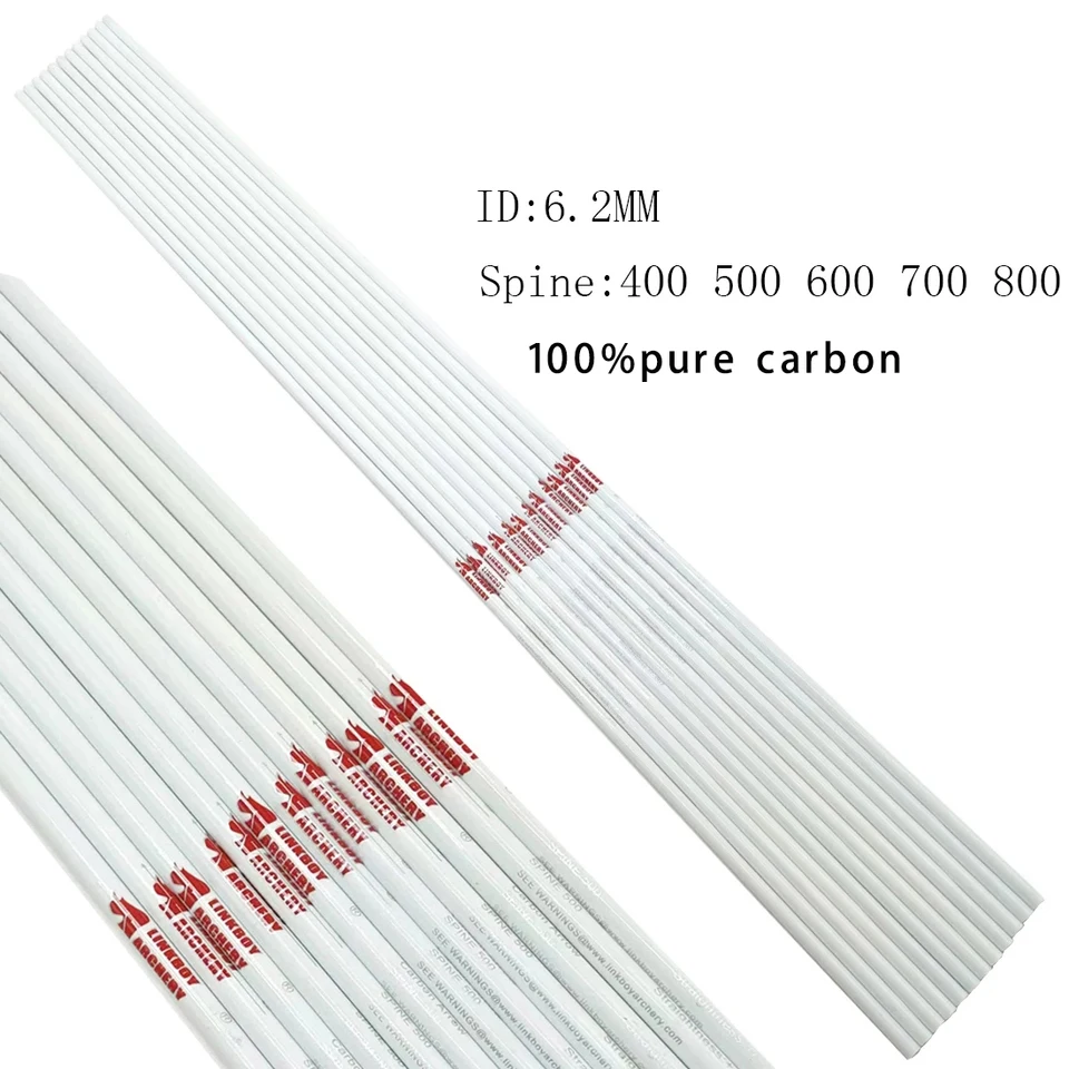 12ks Linkboy Archery White Pure Carbon Arrows ID hriadeľa 6,2 mm chrbtica 400-800 Zlúčenina RECURVE Tradičné lovenie lukov
