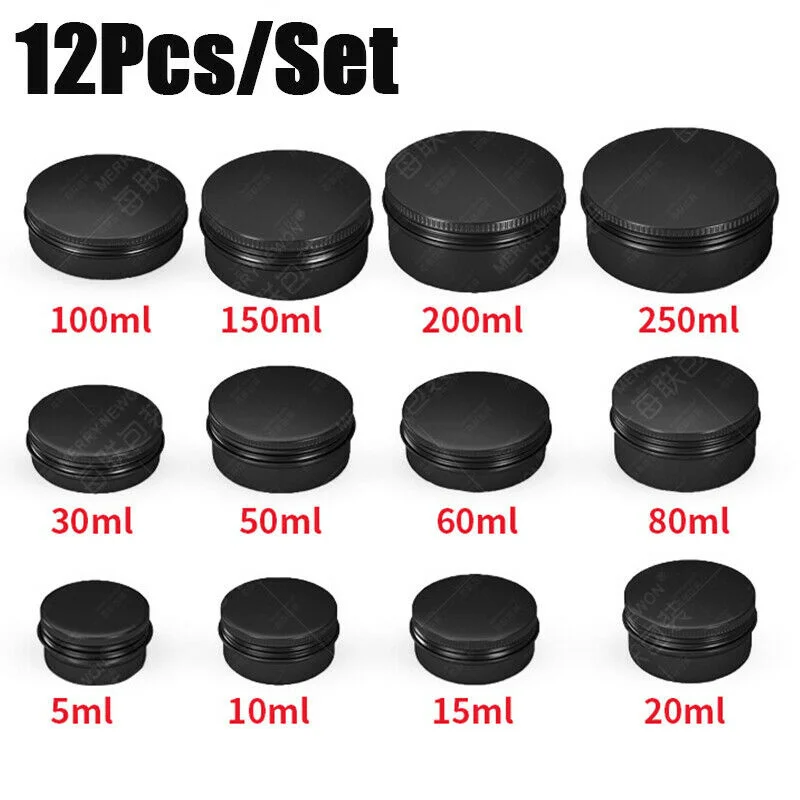 12ks Mini Round Tins 5-150 ml prázdne čierne hliníkové kovové plechovky s vrchnými viečkami skrutky pre nádoby na úložné sviečky šperkov