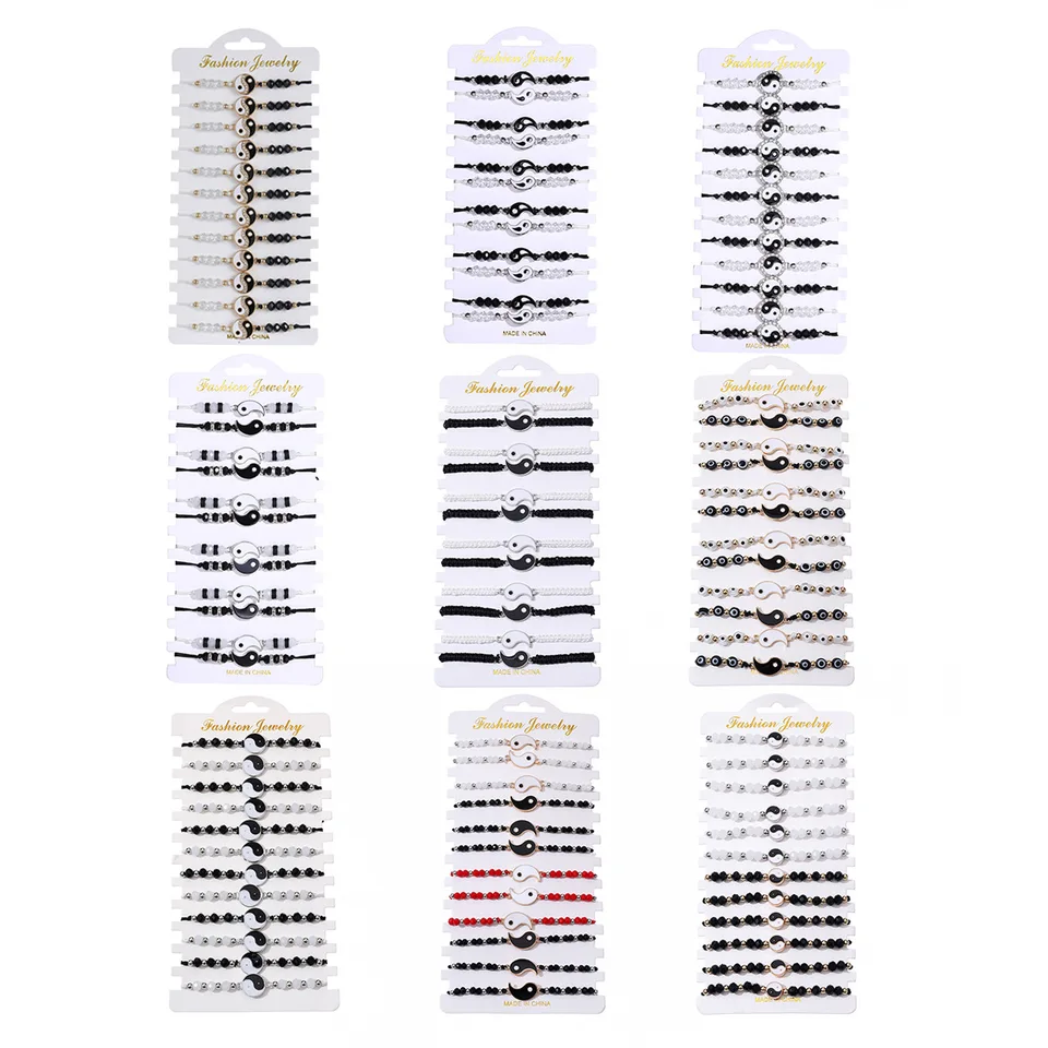 12ks ručne tkaný pár náramok Čierna a biela Tai Chi Yin & Yang Baguatu Crystal Crystal Black Gallstone nastaviteľná súprava náramkov