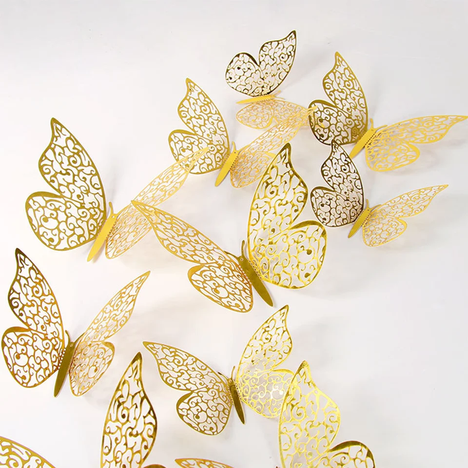 12ks/set 3D kovová zlatá dutina Butterfly Wall s 3D simulačný