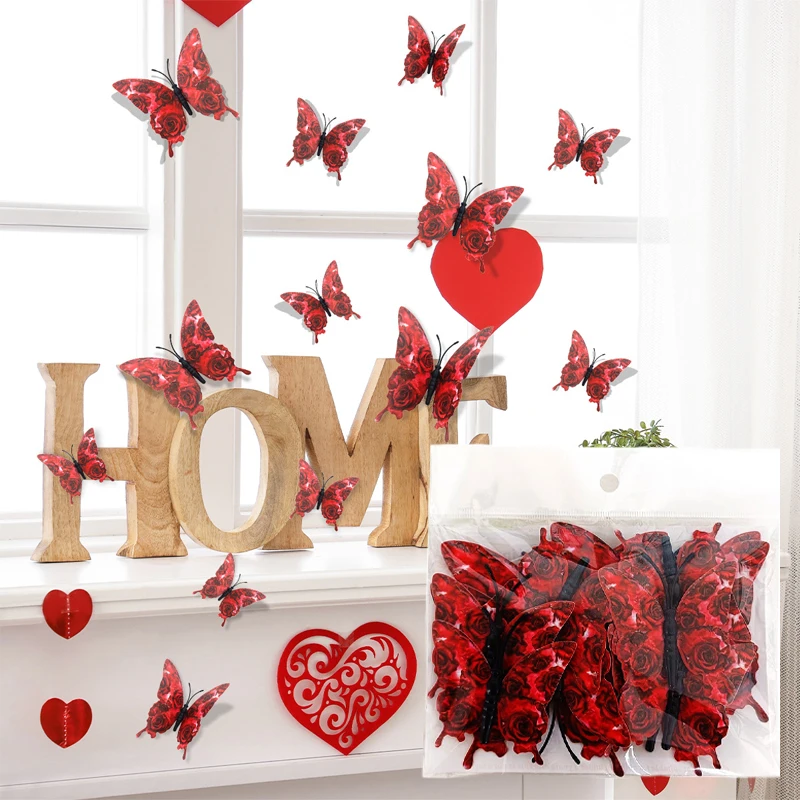 12ks/set 3D Motýľové nástenné nálepky Valentines Day Decals Butterfly Wall Art Party Svadobné dekorácie DIY Domáce dekorácie
