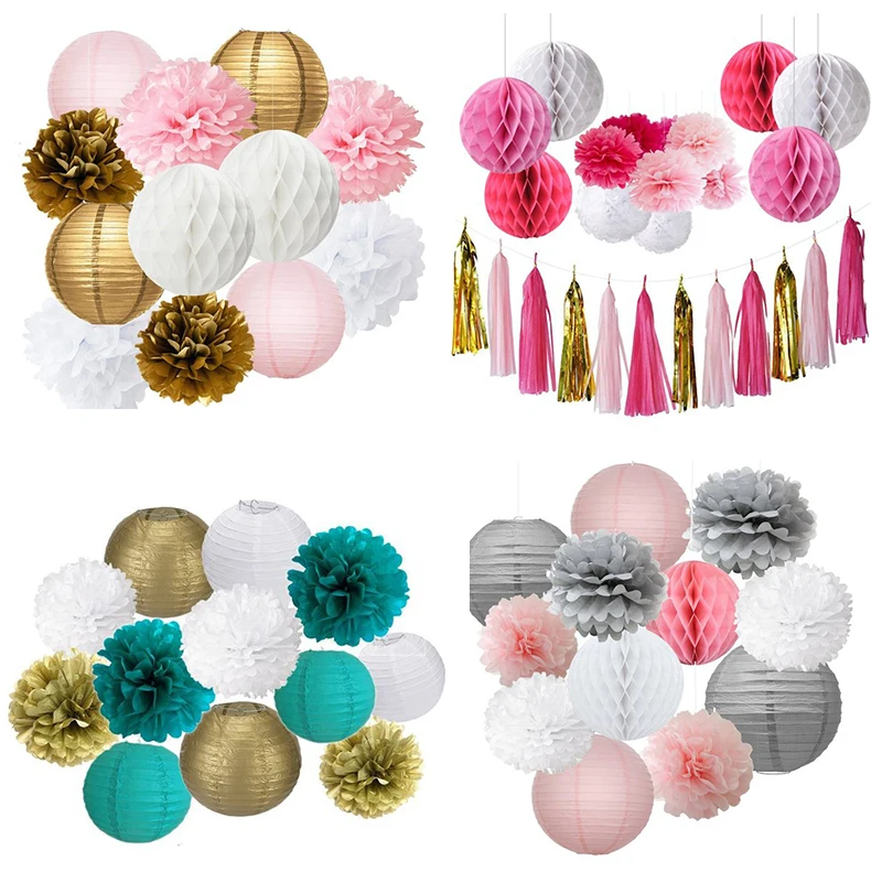 12ks/set Zmiešaný papier pom poms papierová plastická lopta zavesenie papierového papiera Lanternka svadobná narodeninová dekor