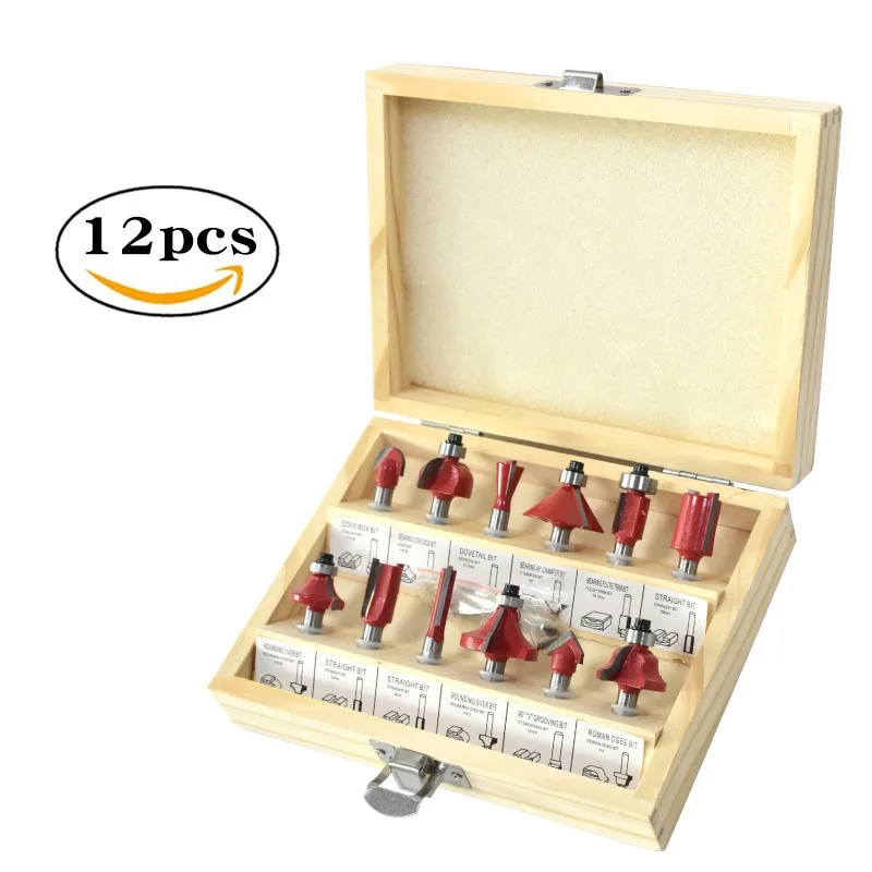 12ks Woodworking Fleging Cutter Set, skrinka na frézovanie zliatiny pre nepravidelné orezávanie a rezbárske nástroje na drevených doskách