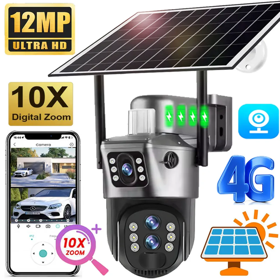 12MP 10xZOom Solárna kamera 4G Duálny dohľad nad obrazovkou Outdoor 6k Tri objektív PTZ Automatické sledovanie 360 ​​CCTV Security Cameas V380 CAM