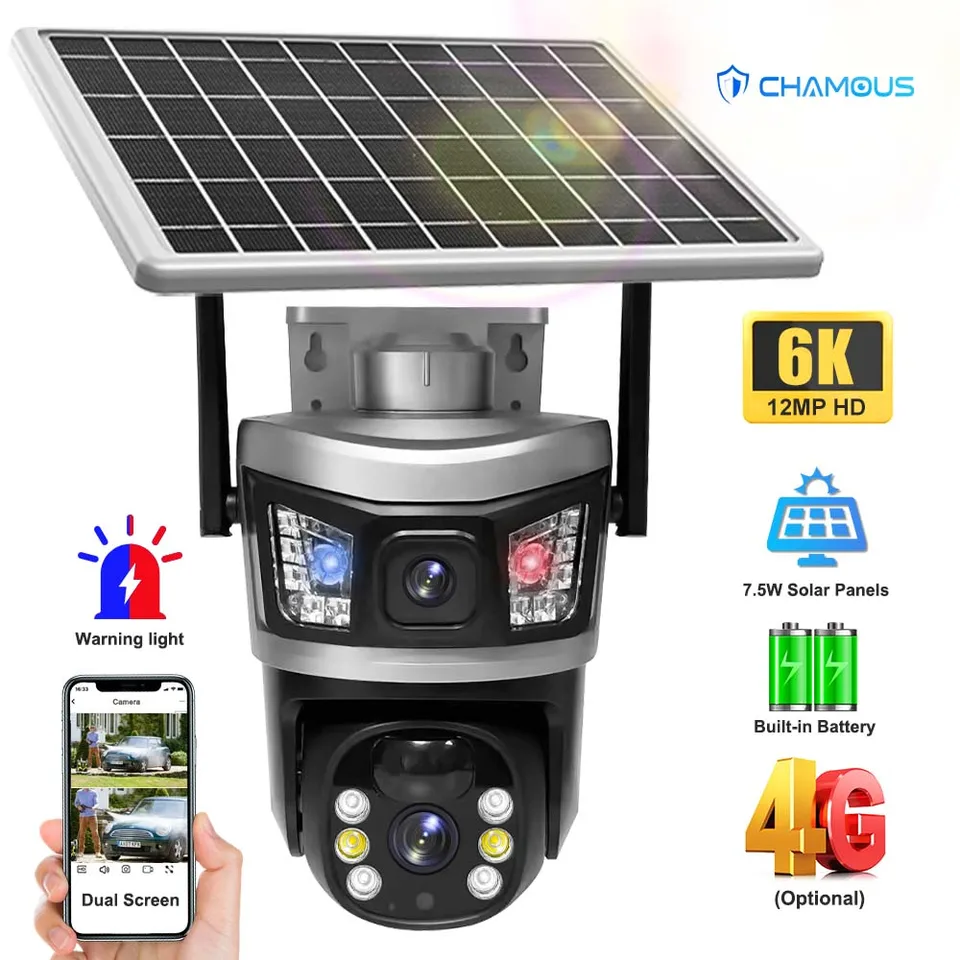 12MP WiFi Solárna kamera s batériou 6k HD Duálna obrazovka PTZ PIR Human Detection 4G SIM SIM Zabezpečenie kamera Svetlo alarm videa sledovacie kamery