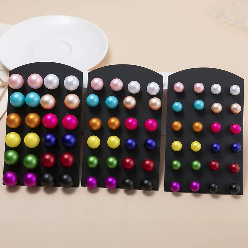 12pairs/set klasický farebný simulovaný pearl comp náušnice pre ženy 12 10 8 mm ušné náušnice šperky kruhové guľky