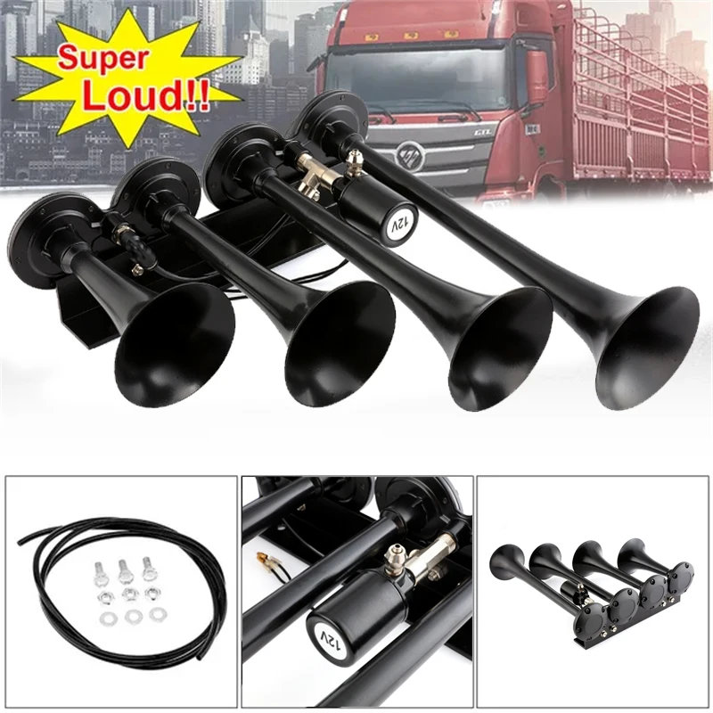 12V 135 dB Super Loud 4 trubica automobilu Air Horn Truck/Train/Boat Trumpet (čierna/strieborná)