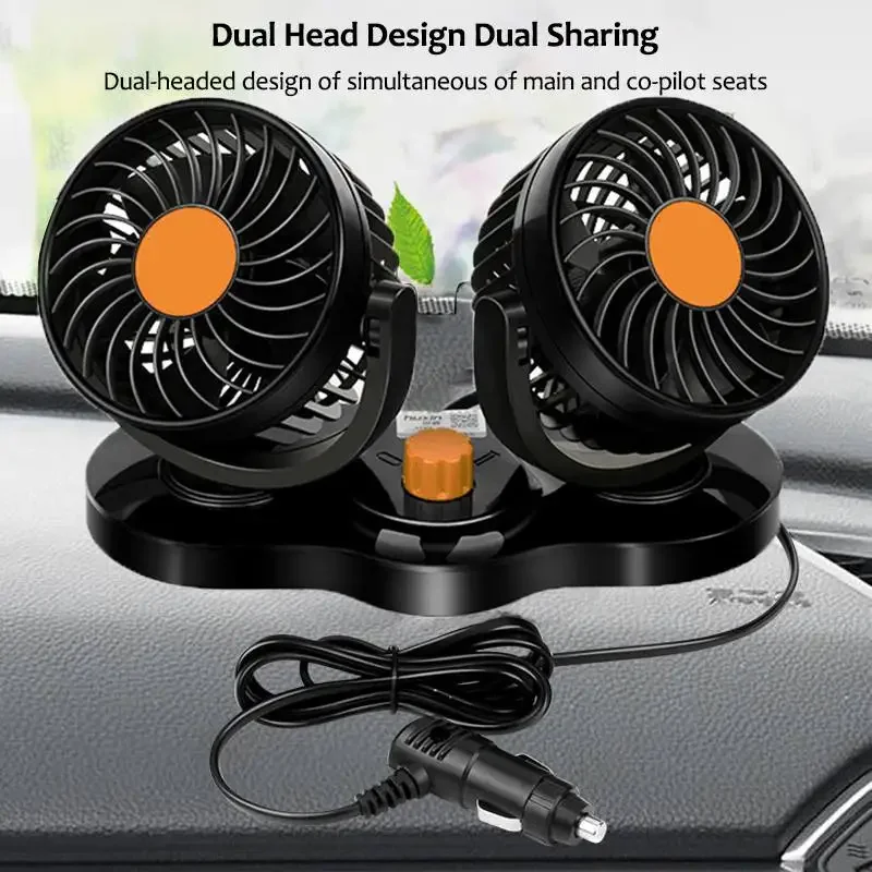 12V/24V 2 Speed ​​Dual Head Cooling Air Air ventilátor 360 stupňov nastavenia Päť listov s nízkym hlukom auto Automatický chladič