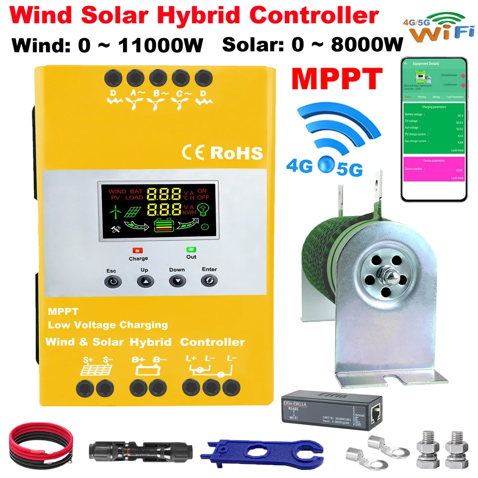 12V 24V 48V 6000W Vstavané WiFi Hybridné veterné slnečné nabíjanie Solárne nabíjanie MPPT Wind System LifEPO4 lítium olovnatý kyselina batéria