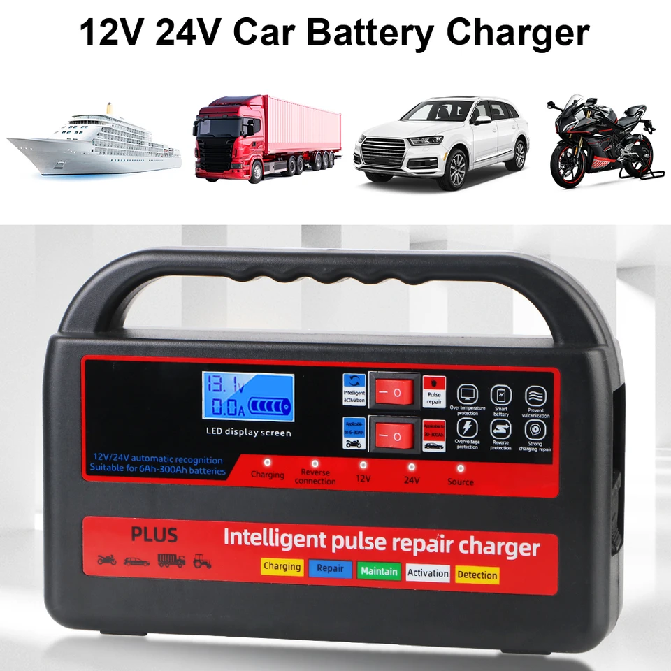 12v / 24v automobilové motocykle nabíjačku na nabíjačku automatického pulzu vreckový inteligentný impulz rýchly nabíjanie Digitálneho LCD Digitálny displej LCD