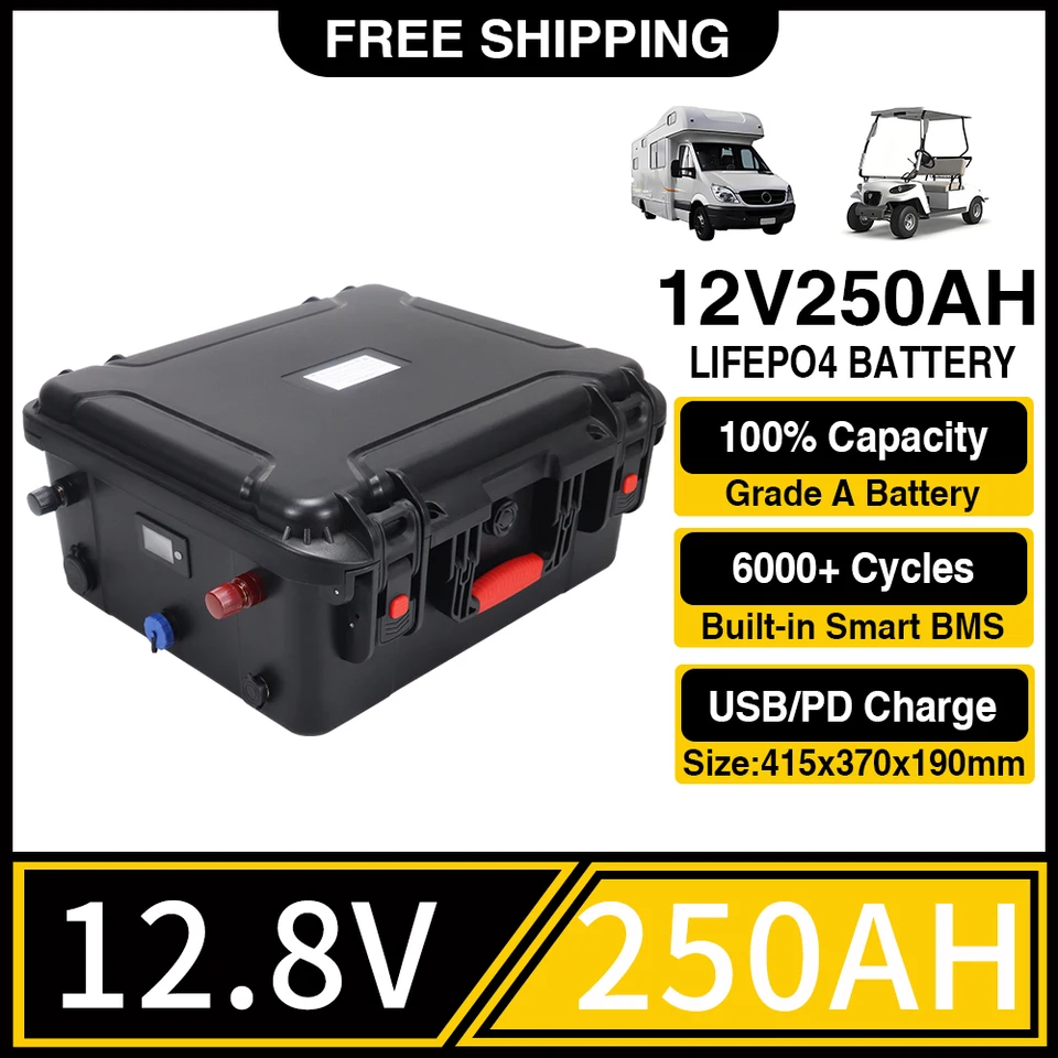 12V 250AS LIFEPO4 batéria vstavané BMS litiumfosfátové bunky 6000 cyklov pre RV Campers Golf Cart Solar s nabíjačkou