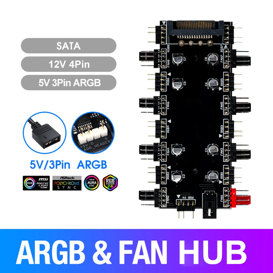 12V 4PIN/5V 3PIN 1 až 8 Multi Way Splitter SATA Power Supply ARGB/RGB PWM VENTILNÉ HUB RGB Stripter LED LED SLETICKÝ RODILÁR
