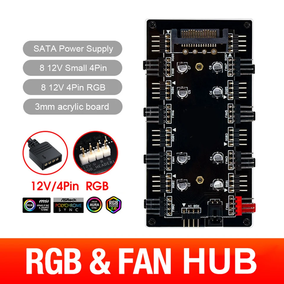 12V 4PIN/5V 3PIN COOLÁR VENTRICKÝ HUB Splitter Board Sync Sync ARGB/RGB PWM FAN HUB