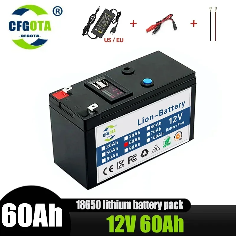 12V 60AH prenosné nabíjateľné nabíjanie batérie LifePo4 vstavané 5V 2.1A USB Nabíjanie portu na výstavbu USB