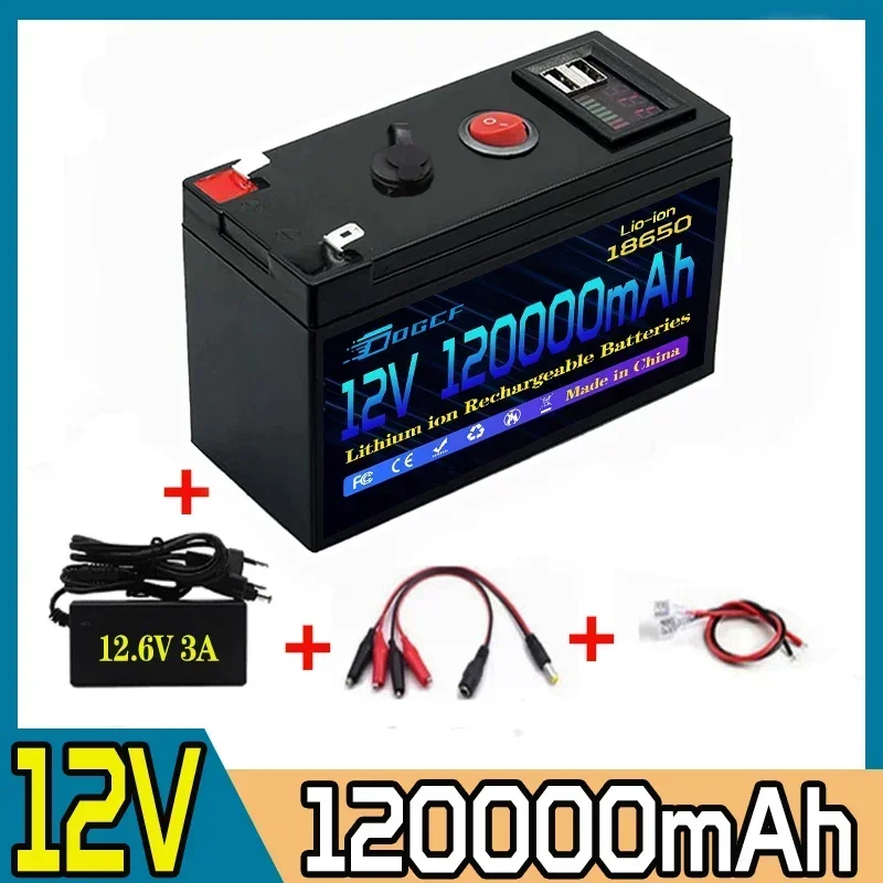 12V batéria 100AH ​​18650 Nabíjateľná litiná batéria LifePo4 Vstavaná 5V 2.1a USB Power Display Port nabíjačka+12,6 V 3A nabíjačka