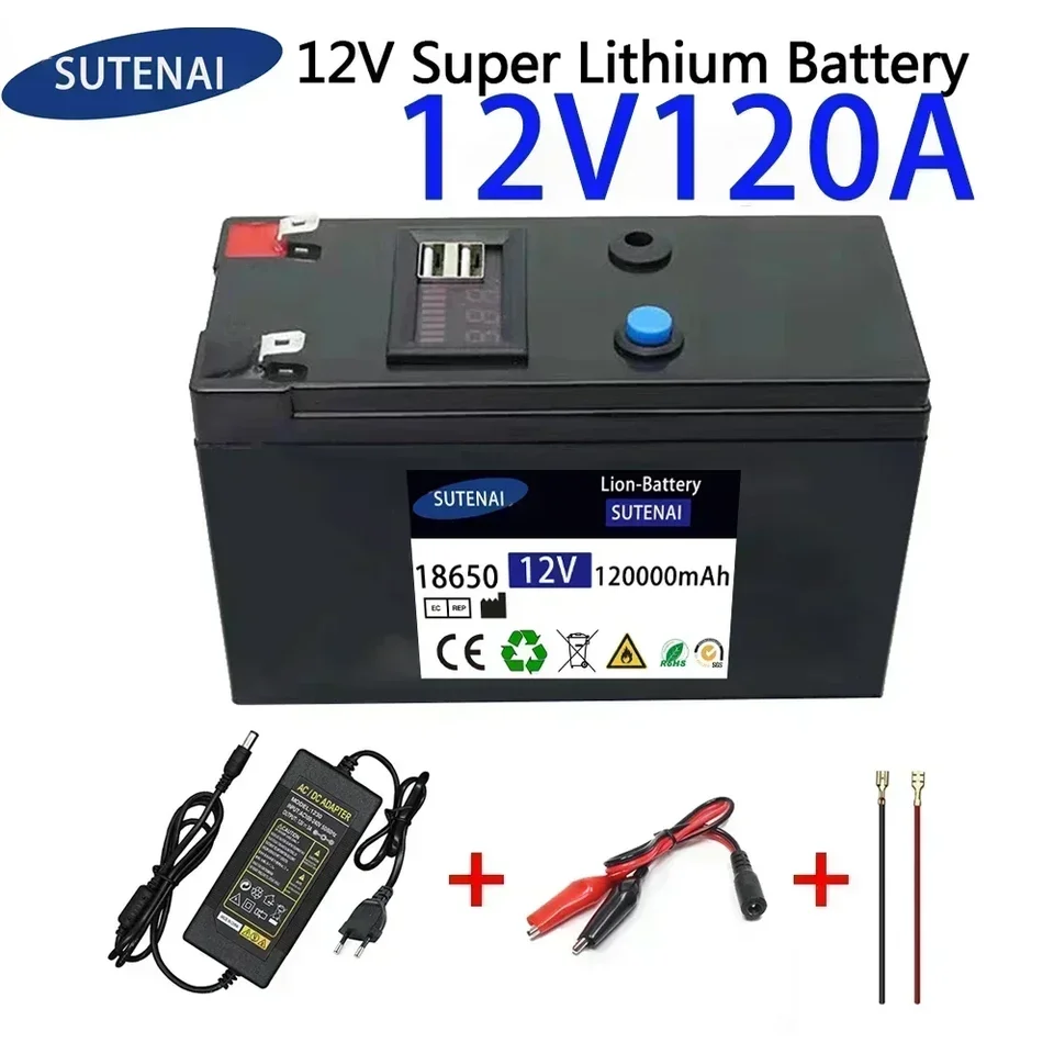 12V batéria 120AH 18650 Litium Battera Balíka Nabíjateľná batéria pre batériu elektrického vozidla solárnej energie+12,6v3a nabíjačka