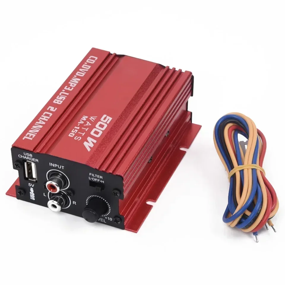 12V kábel 500W Audio zosilňovač 2 kanály Mini stereo zosilňovač zosilňovač subwoofer USB port mp3 20Hz ~ 20 kHz zosilňovač automobilu