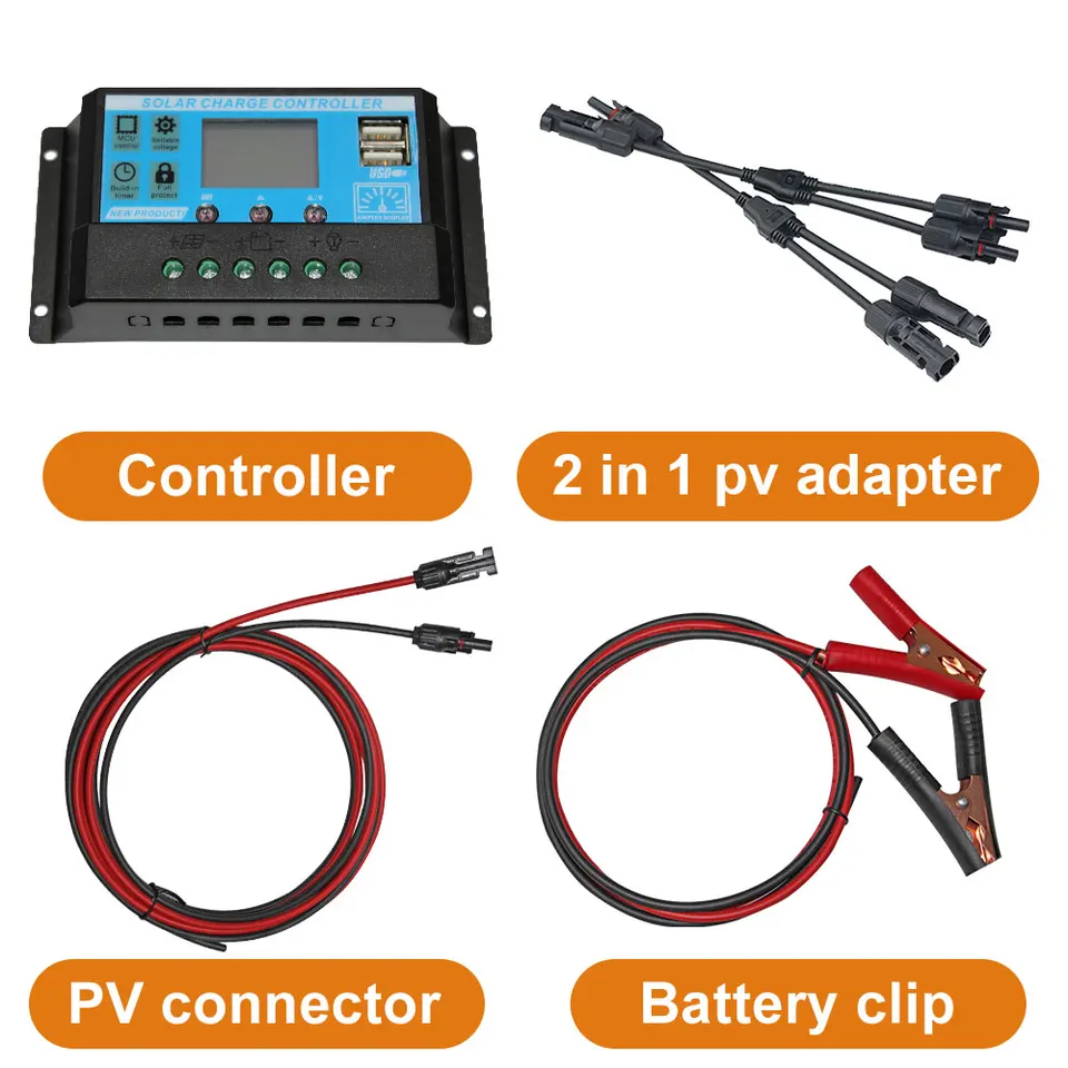 12V príslušenstvo solárnych panelov pre 100 W 200 W 300 W 400W 500W 600W Flexibilný modul PWM Ovládač a kábel pre batériu