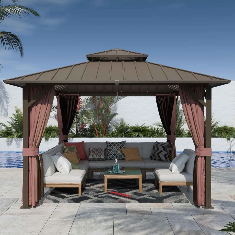 12'X12 'Hardtop altánok, hliníkový rám pozinkovaný oceľový dvojitý pavilón s sieťou a zatienenými záclonami, kovovými pergolami