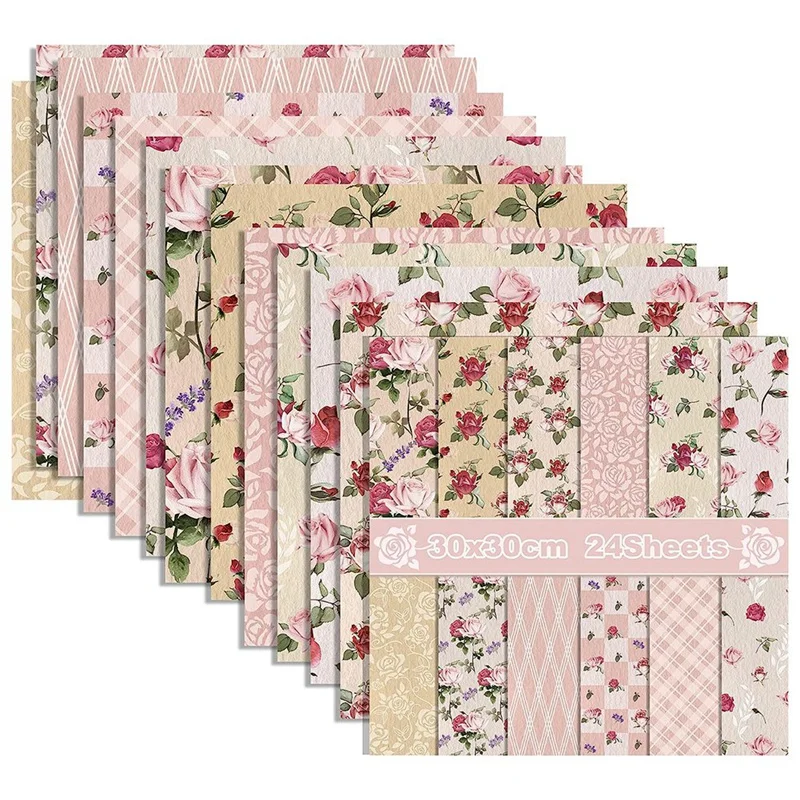 12x12inch obojstranný akvarel kvetinový kartón ružový 24 listov Spring Pink Rose Scrapbook Papier pre karty pre domácich majstrov