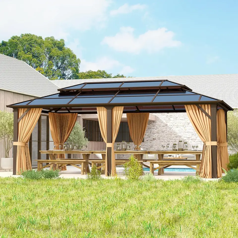 12'X20 'Hardtop altánbo vonkajší polykarbonát Dvojitá strešná strecha hliníka Ráme Permanentný pavilón so záclonami a sieťou