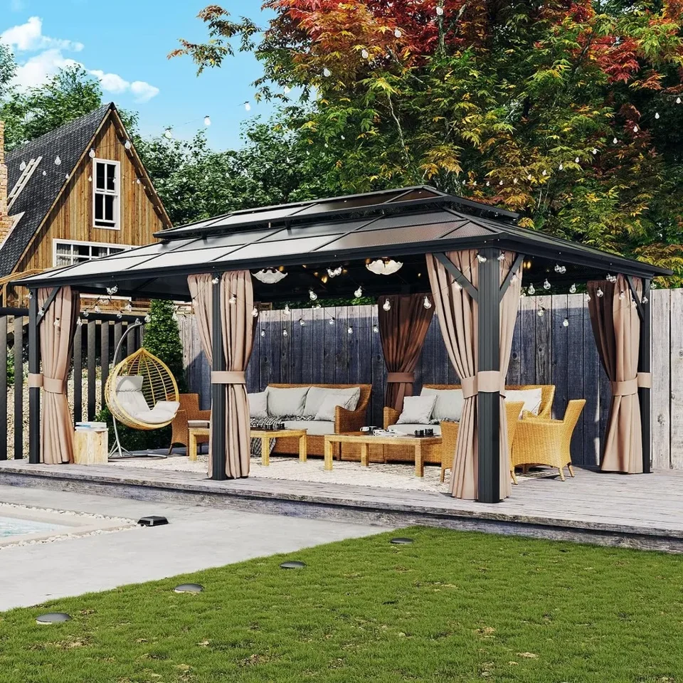 12'X20 'Hardtop altánok, hliníkový rám trvalý pavilón so záclonami a sieťou, vonkajší polykarbonát Dvojitý strešný baldachýn
