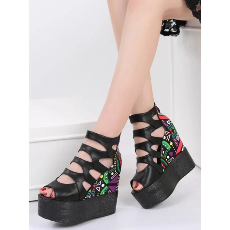 13 cm vysokokvalitná mäkká koža Summer Nové sandále High podpätky Platforma Sandále Boot Wedge Peep Toe Dámske topánky duté rímske topánky