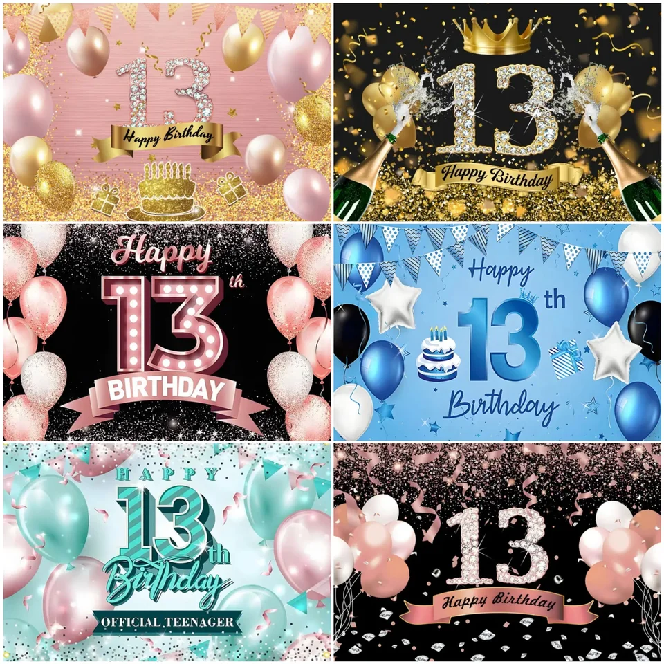 13. narodeninová oslava Kady pre fotografiu Teenager Kids Boys Girls Girls šťastné 13 rokov starý zlatý ružový modrý balónový plagát