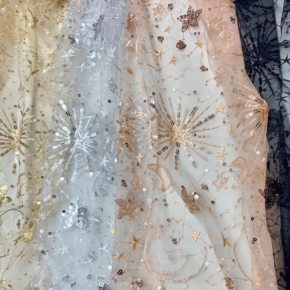 130 cm široký čierny /marhuľový /ružový /strieborný flitre vyšívacie čipky Lace Fabric Star Moon Late Guads vyšívacie tkanina Flitrové šaty Materiál x880