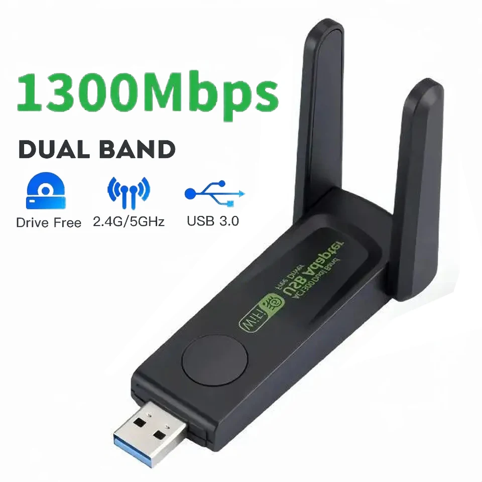 1300 Mbps USB 3.0 WiFi Adapter Wireless Card Dual Band 2,4G 5GHz WiFi Dongle Anténa USB Ethernet Regesiver pre výhru 10/11