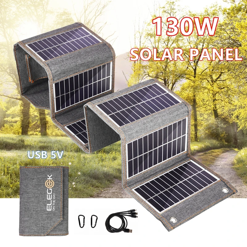 130W/80 W skladací solárny panel USB 5V Solárna nabíjačka Prenosná solárna bunka Outdoor Phone Power Bank pre kempingové turistiku + 3 v 1 kábel