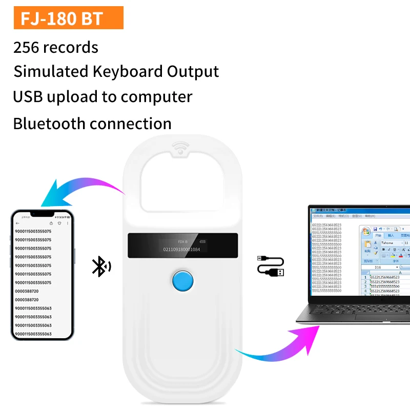 134.2 kHz psie čítačka mačiek Bluetooth Animal Reader 256 zaznamenávajú skener na čítanie mikročipov pre zvieracie čipy