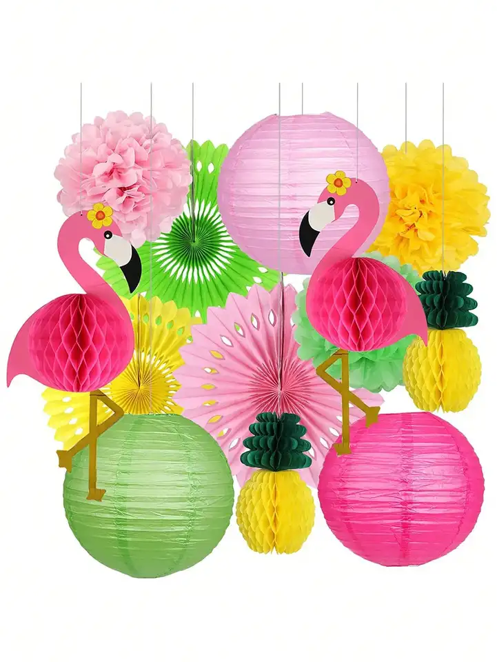 13ks-flamingo večierky Dodávky, havajské dekorácie večierkov Flamingo a ananásový plástový guľový papier