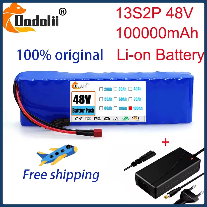 13S2P 48 V Batttery 100 000 mAh 100AH ​​lítium-iónovej batérie s 250 W 350W 500W 750W 1000 W BMS a bezplatná 54,6 V nabíjačka