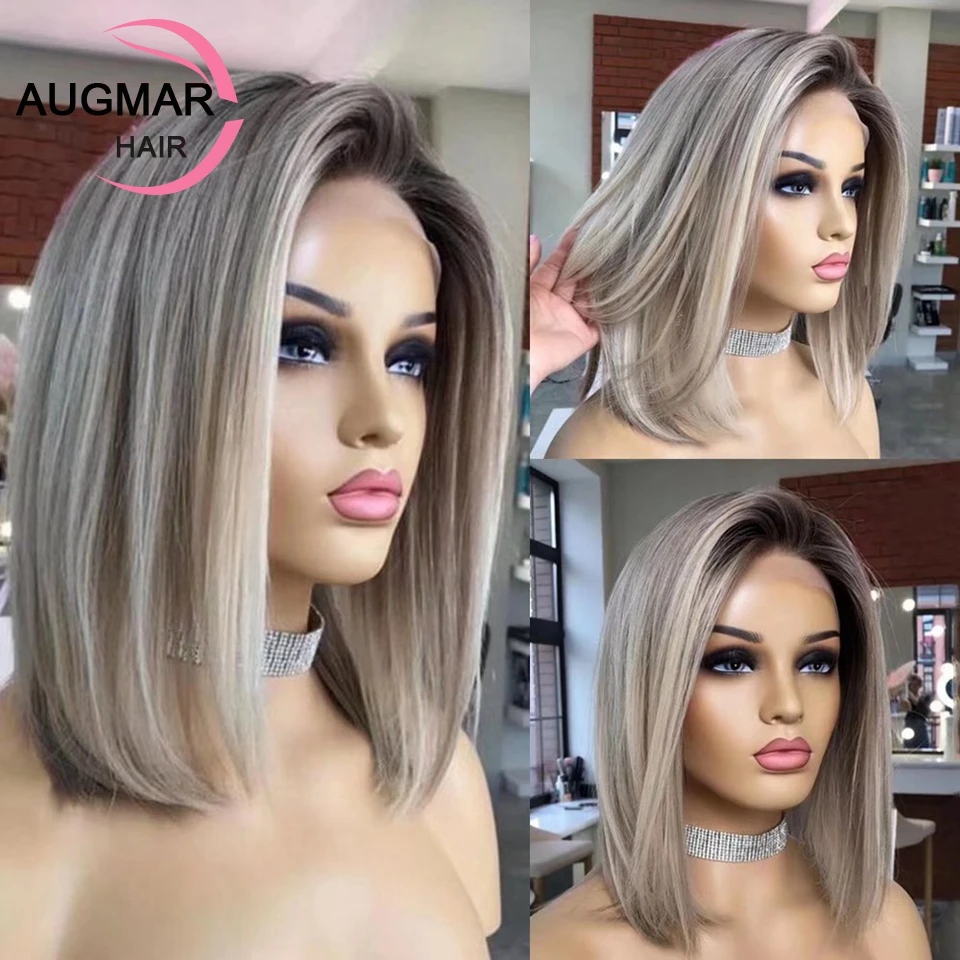 13x4 Ash Grey Bob Bob Human Vlasy Parochne Priehľadné 13x6 HD Lace Čelné parochňu Krátke hnedé zvýraznenie Bob Parochňu predné ľudské vlasové parochne