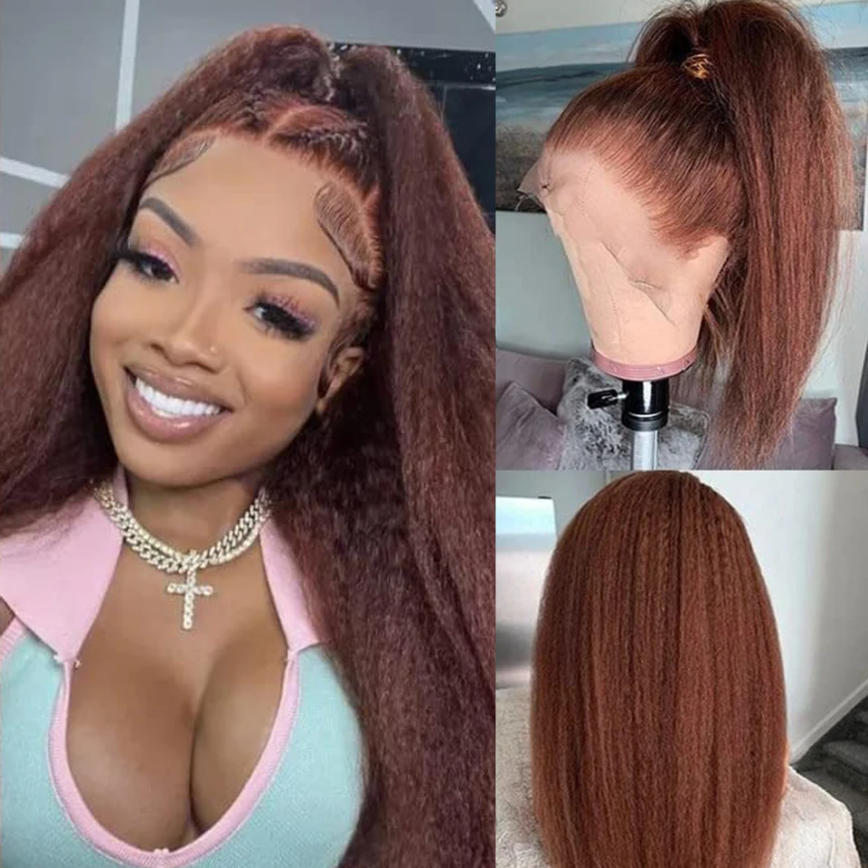 13x4 Kinky Reddish Brown Straight Lace čelné parochne 100% Yaki Remy Human Hair Parochne 13x6 HD meď červené priame čipky predné parochne