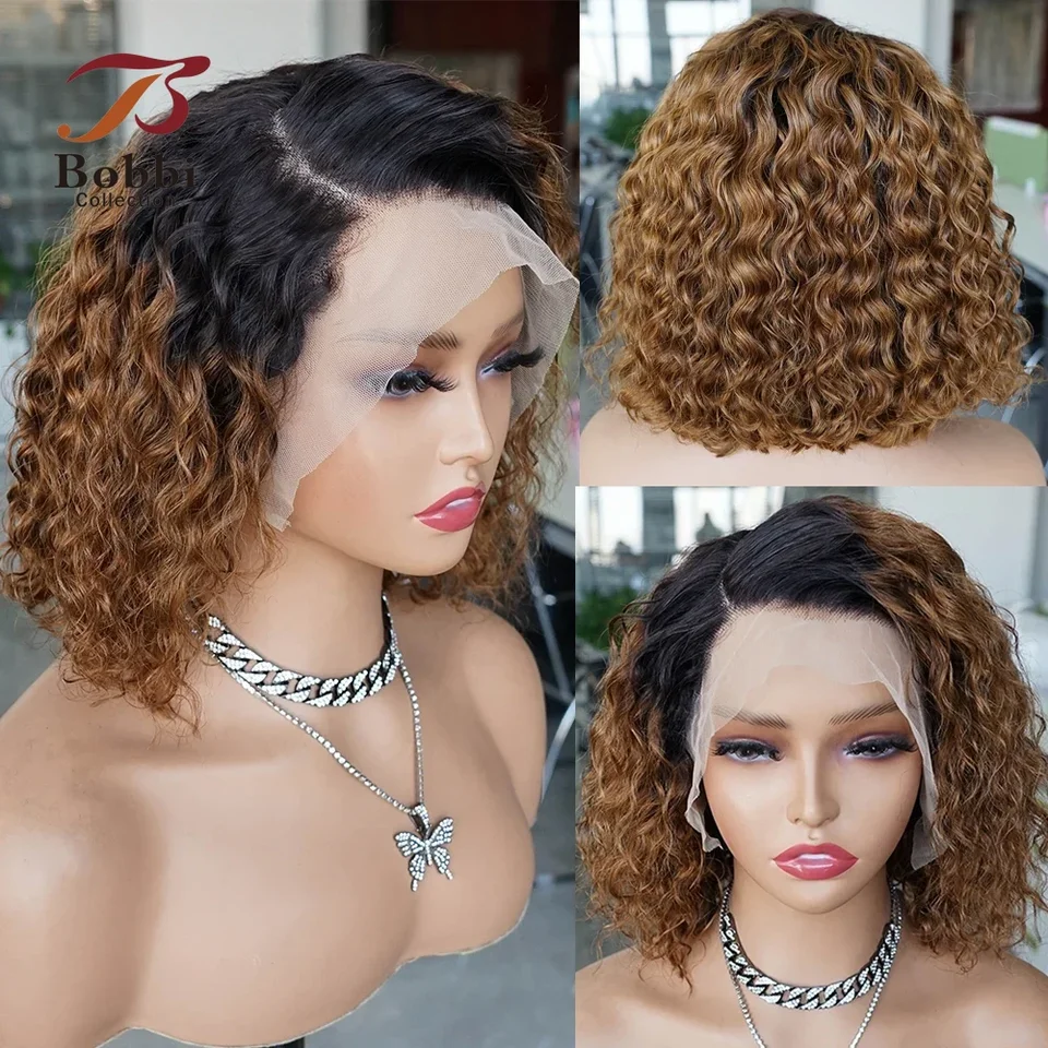 13x4 čipkovaná predná parochňa Parochňa ľudské vlasy pre ženy Bob Wig Water Wave Curly Ombre 1B30 Ginger Brown Predprecked Transparent Lace Parochňa
