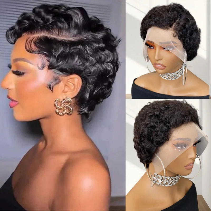 13x4 čipky čelné parochne Parochne ľudské vlasy pre ženy Pixie Cut remy ľudské vlasy kučeravé kučeravé parochňa prírodná farba bez glueless