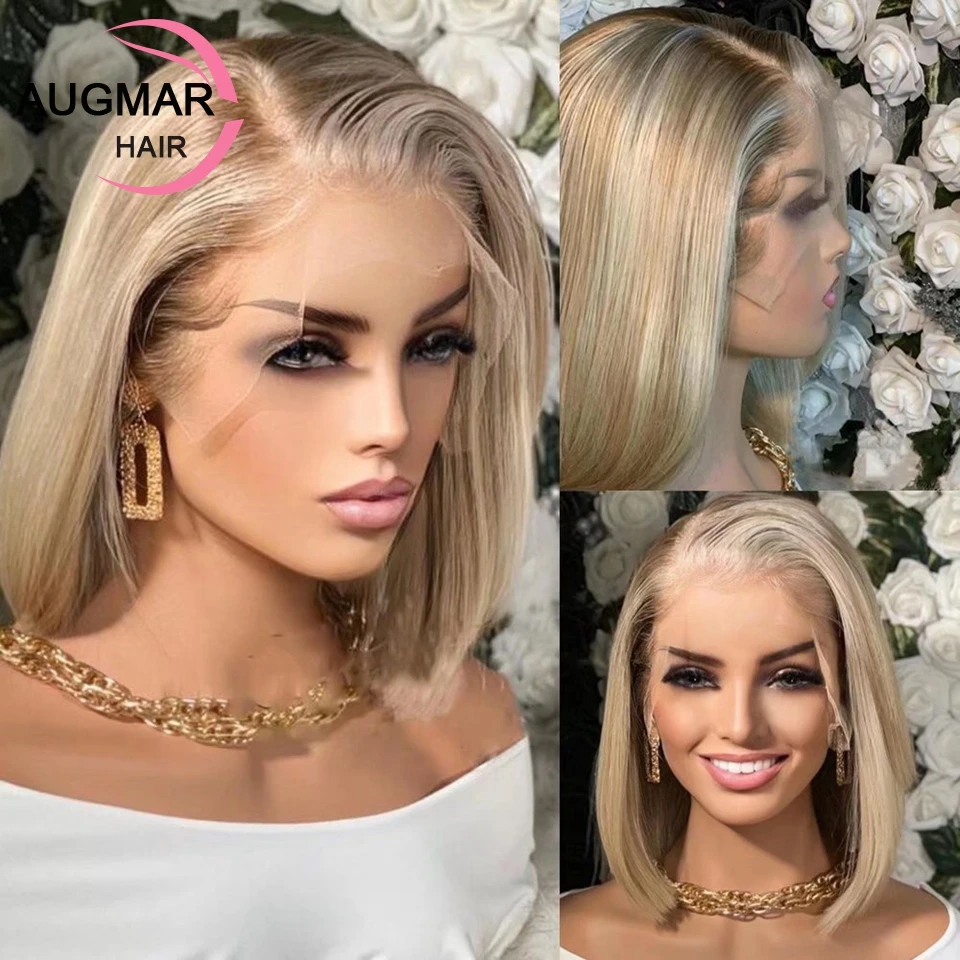 13x6 Krátka bobová parochňa Parochňa predné ľudské vlasové parochne 13x4 HD Popolová blondínka Zvýšenie parochne Parochne Human Hair Lace Čelné parochne pre ženy