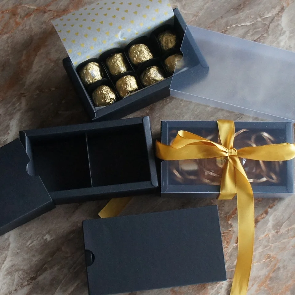 14*7*5 cm 10set čiernej čokolády Cootty Candy Paper Box s oknom PVC ako svadobné vianočné narodeniny darčekové balenie